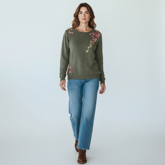 Tulchan Wool Olive Green Knitted Pink Florals with Petal Trim Neckline Large - Picture 1 of 13